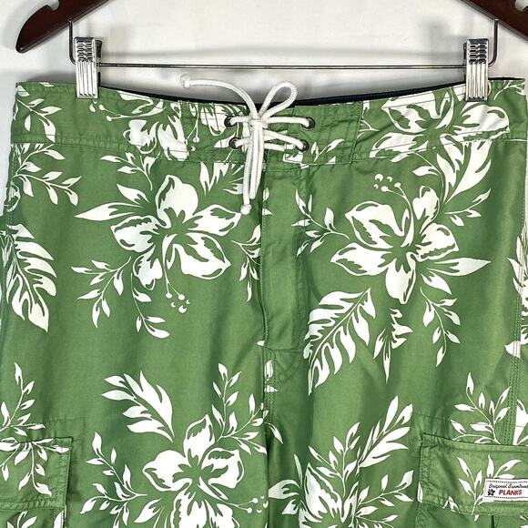 Planks Hawaiian Sz 32 Green Hibiskus Board Shorts Swimsuit Mens Swim Trunk Cargo - Picture 3 of 7